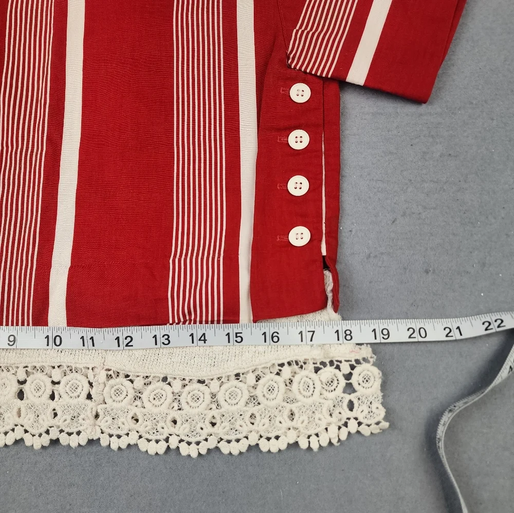 Vintage Petite Lanz Red Cream Stripe Blouse Lace - Picture 11 of 12